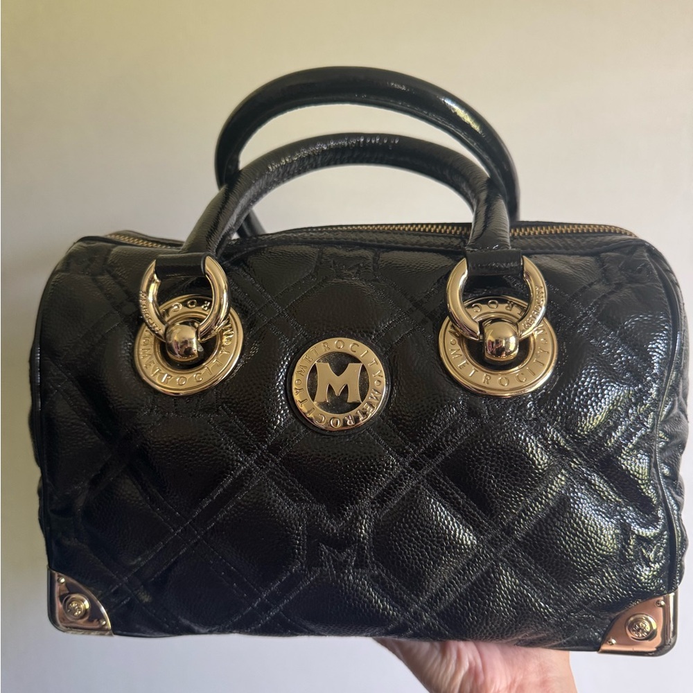 Quilted Black Patent Leather Satchel with Gold Accent Hardware